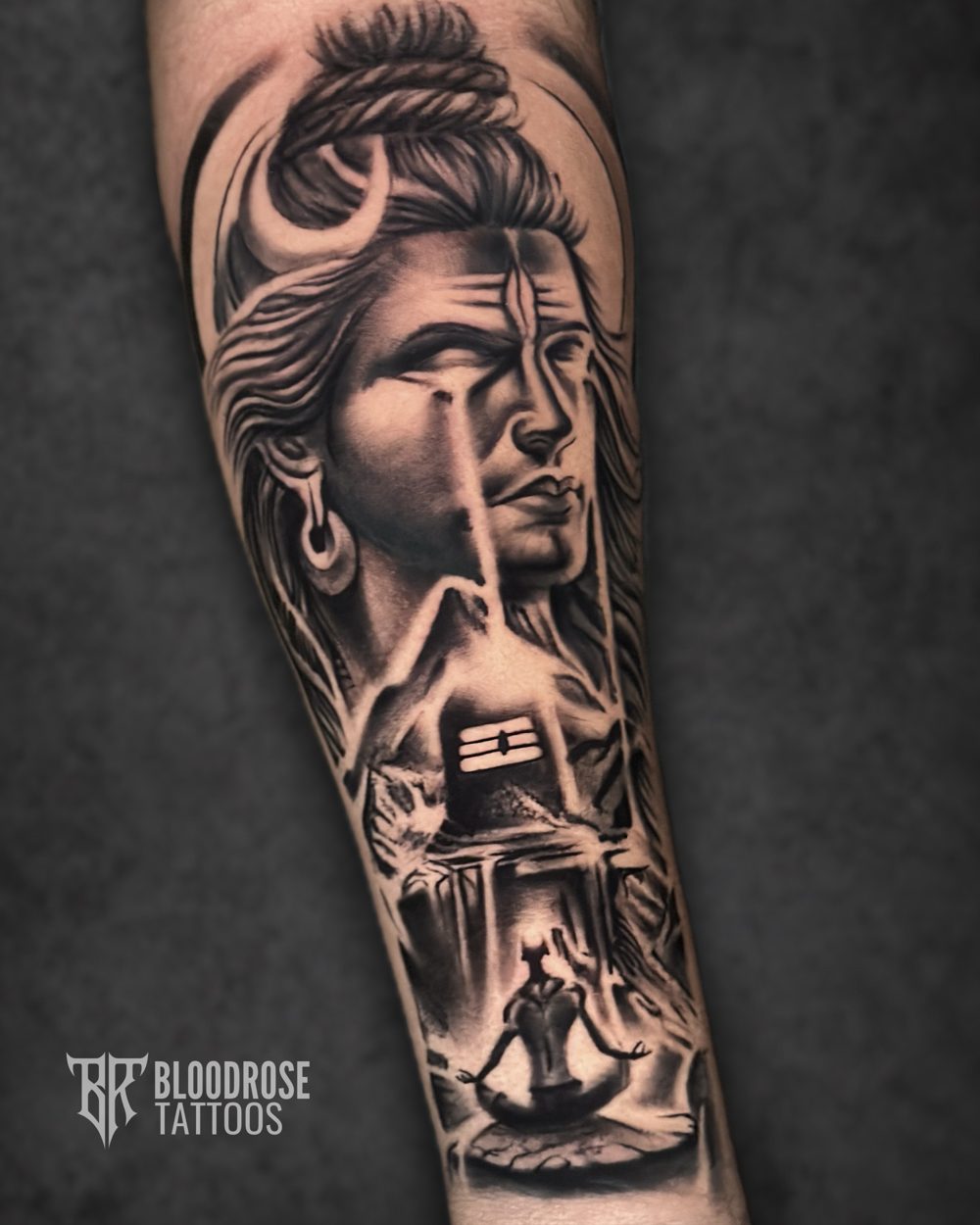 Lord Shiva black and grey realism forearm sleeve with Kedarnath
